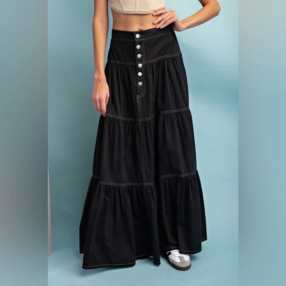 A-Line Tiered Button Up Maxi Skirt - eesome